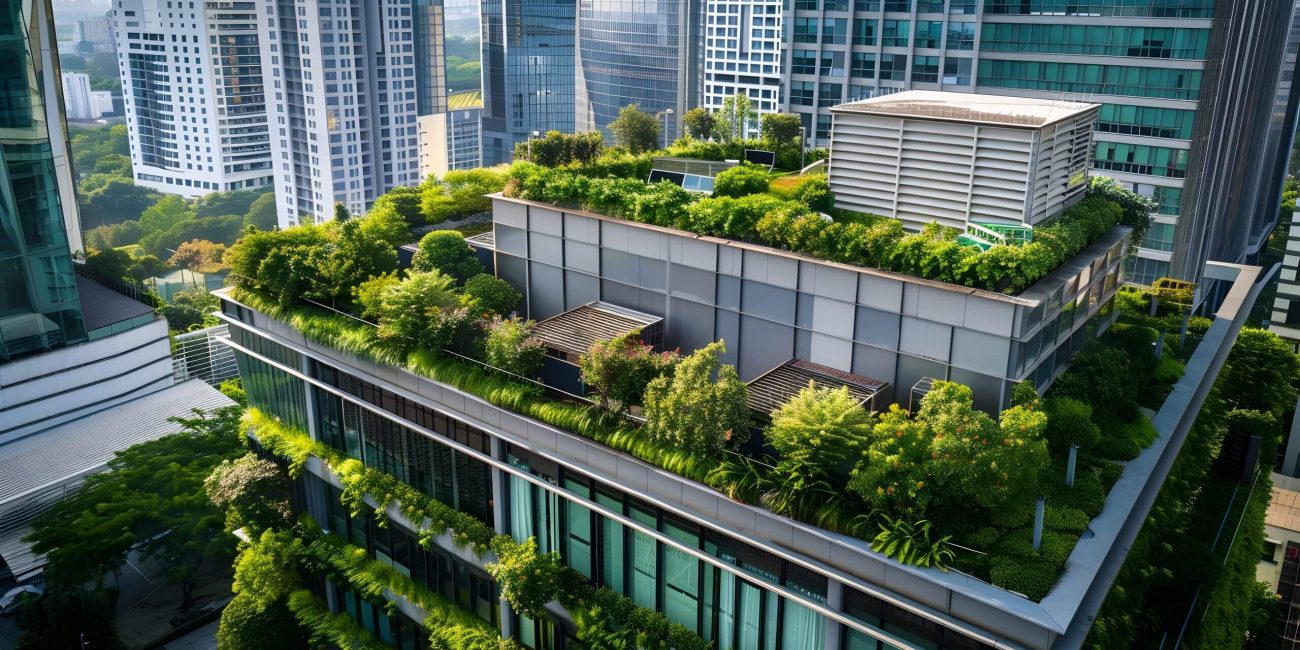 Commercial building with sustainable solutions and greenery