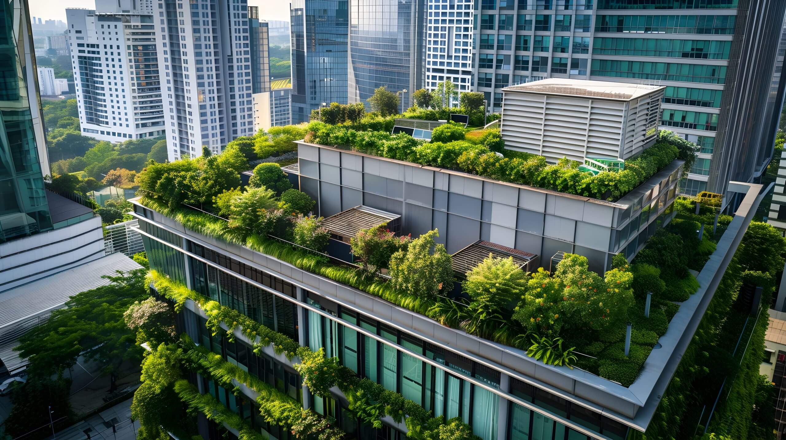 Commercial building with sustainable solutions and greenery